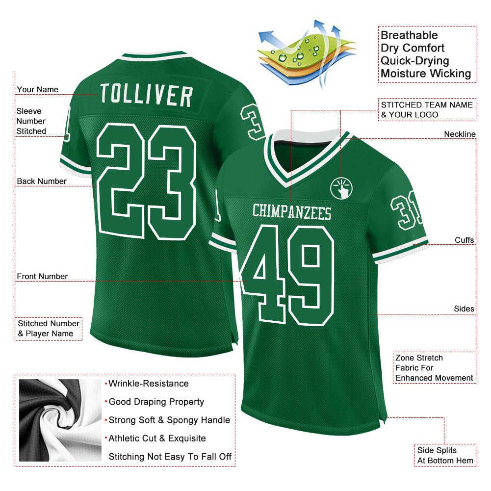 Custom Kelly Green White Mesh Authentic Throwback Football Jersey view 2