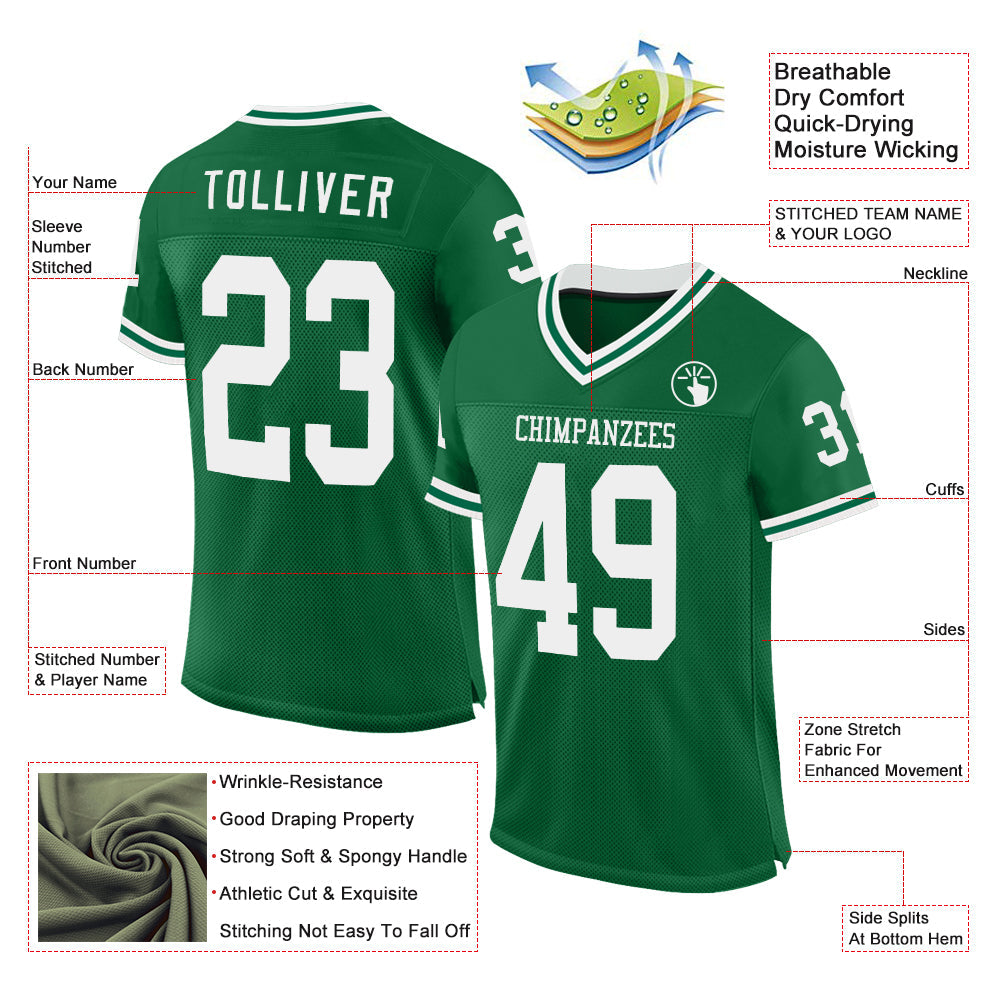 Custom Kelly Green White Mesh Authentic Throwback Football Jersey view 2