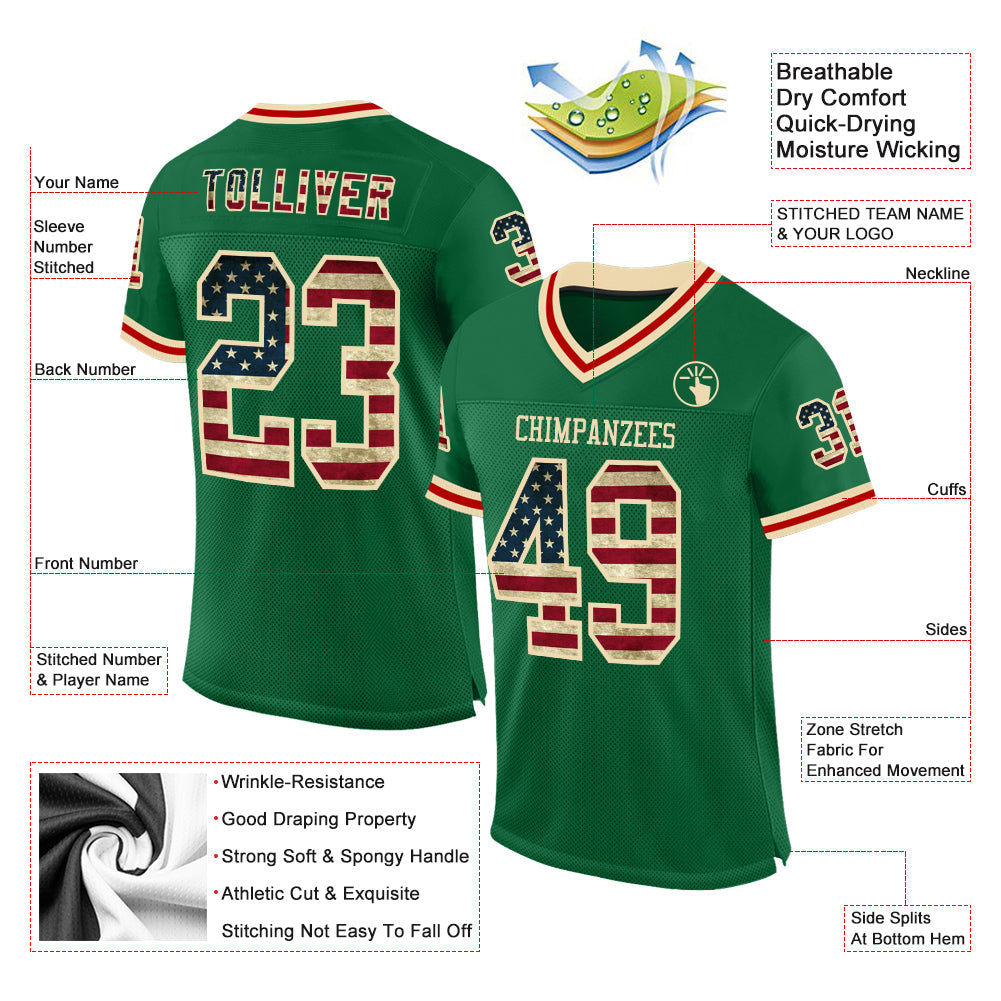 Custom Kelly Green Vintage USA Flag Cream-Red Mesh Authentic Throwback Football Jersey view 2