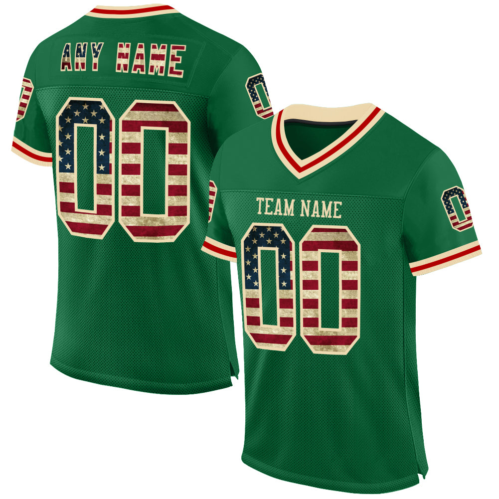 Custom Kelly Green Vintage USA Flag Cream-Red Mesh Authentic Throwback Football Jersey - Main View