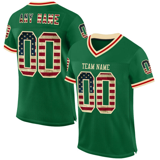 Custom Kelly Green Vintage USA Flag Cream-Red Mesh Authentic Throwback Football Jersey - Main View