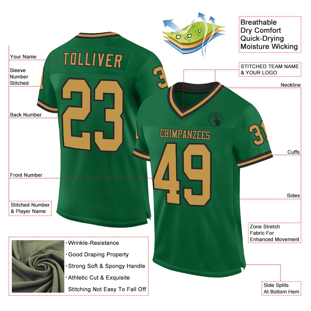 Custom Kelly Green Old Gold-Black Mesh Authentic Throwback Football Jersey view 2