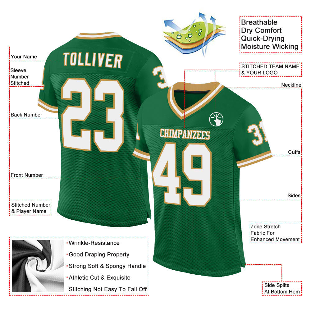 Custom Kelly Green White-Old Gold Mesh Authentic Throwback Football Jersey view 2