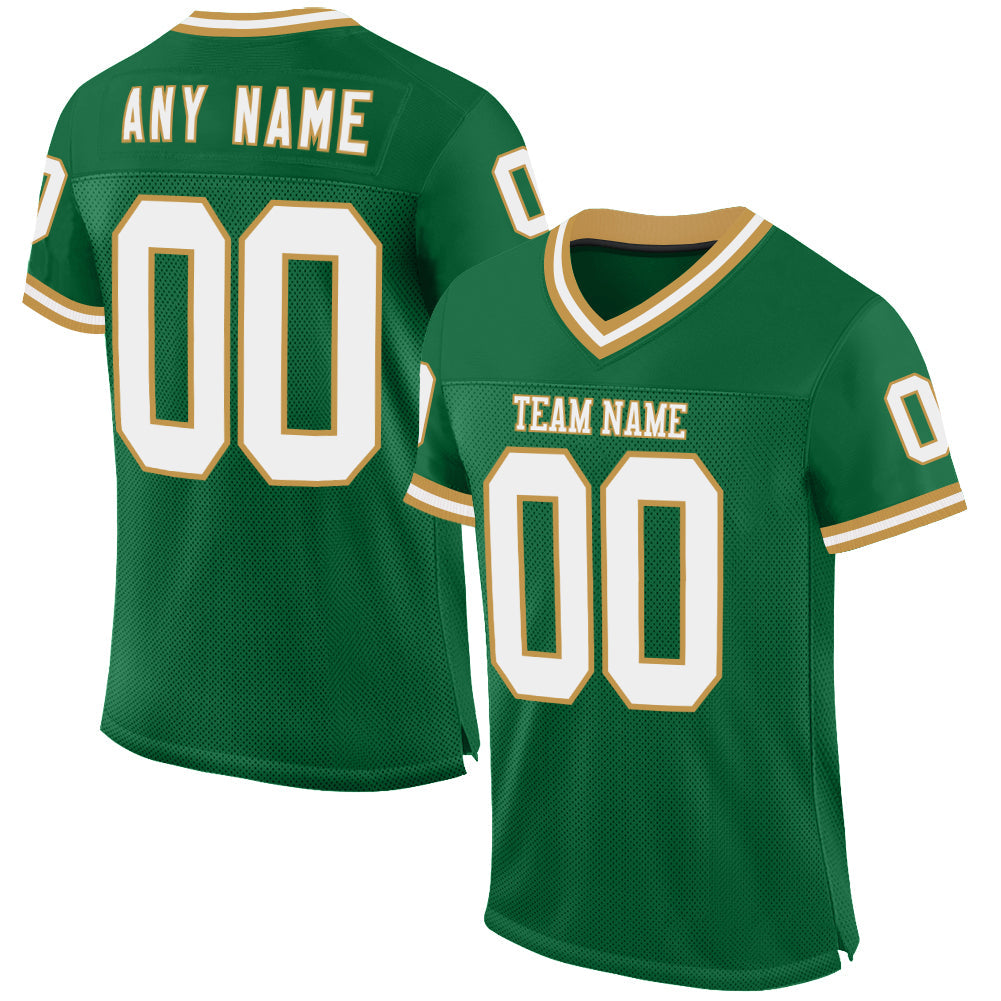 Custom Kelly Green White-Old Gold Mesh Authentic Throwback Football Jersey - Main View