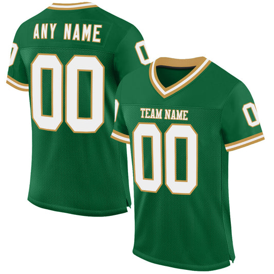 Custom Kelly Green White-Old Gold Mesh Authentic Throwback Football Jersey - Main View