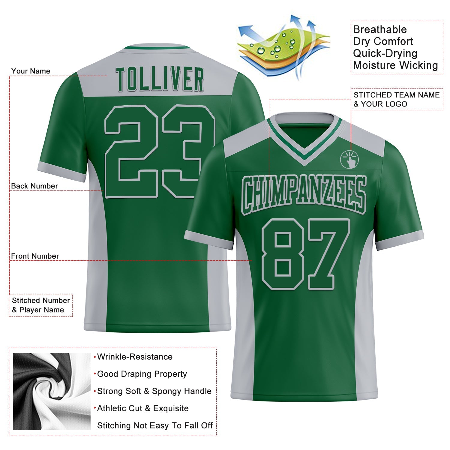 Custom Kelly Green Gray Authentic Football Jersey view 3