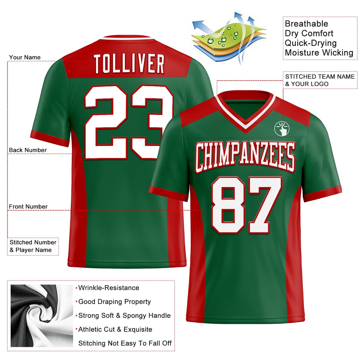 Custom Kelly Green White-Red Authentic Football Jersey view 3