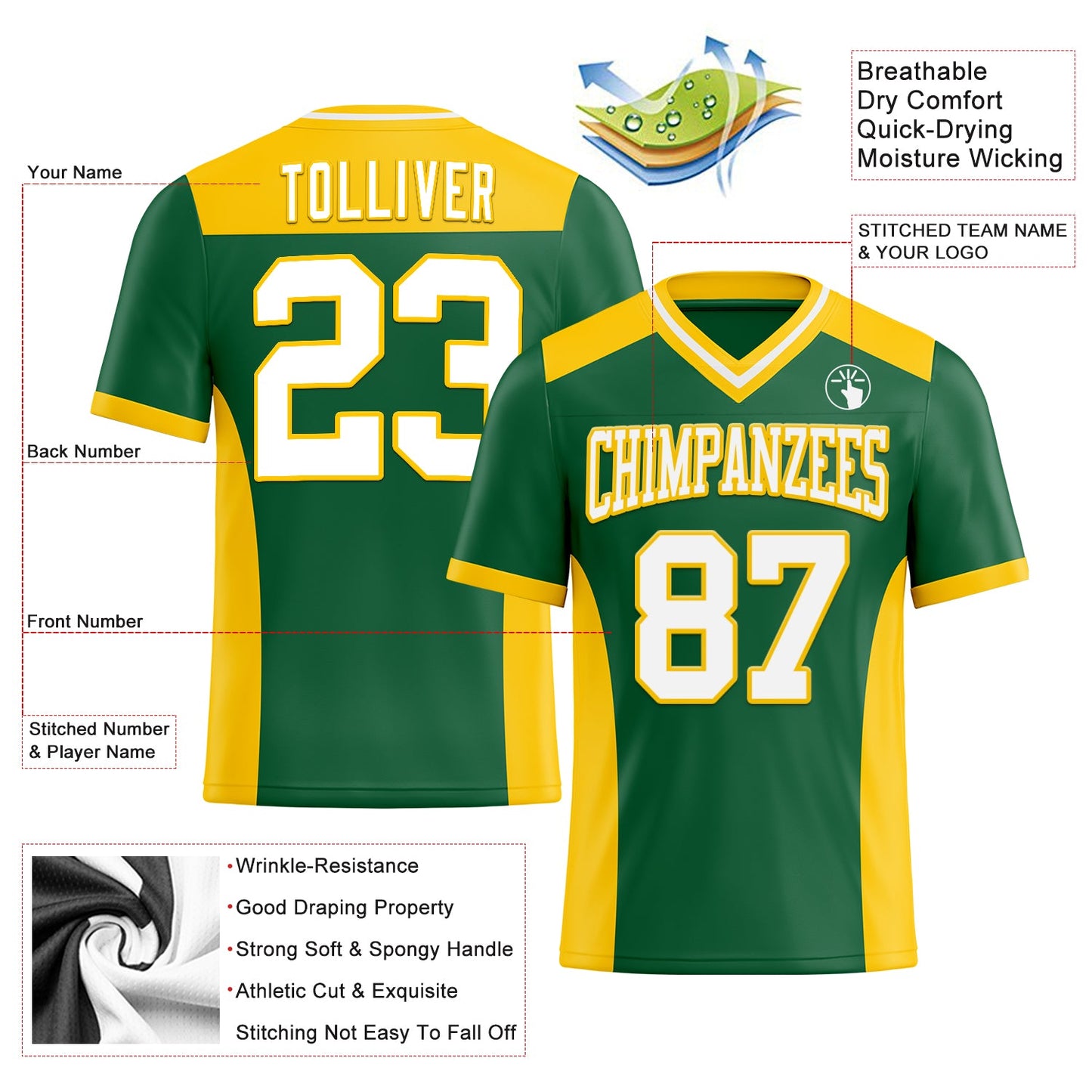 Custom Kelly Green White-Yellow Authentic Football Jersey view 3
