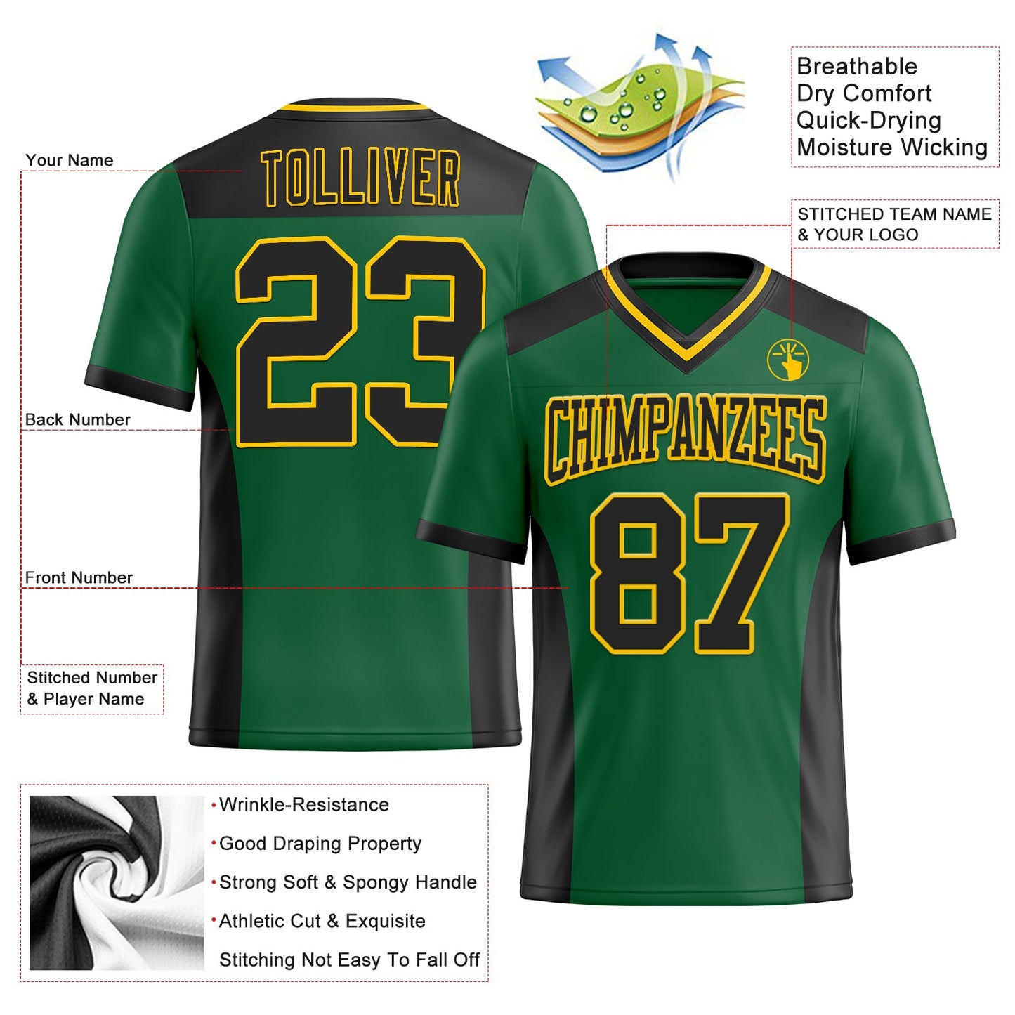 Custom Kelly Green Black-Yellow Authentic Football Jersey view 3