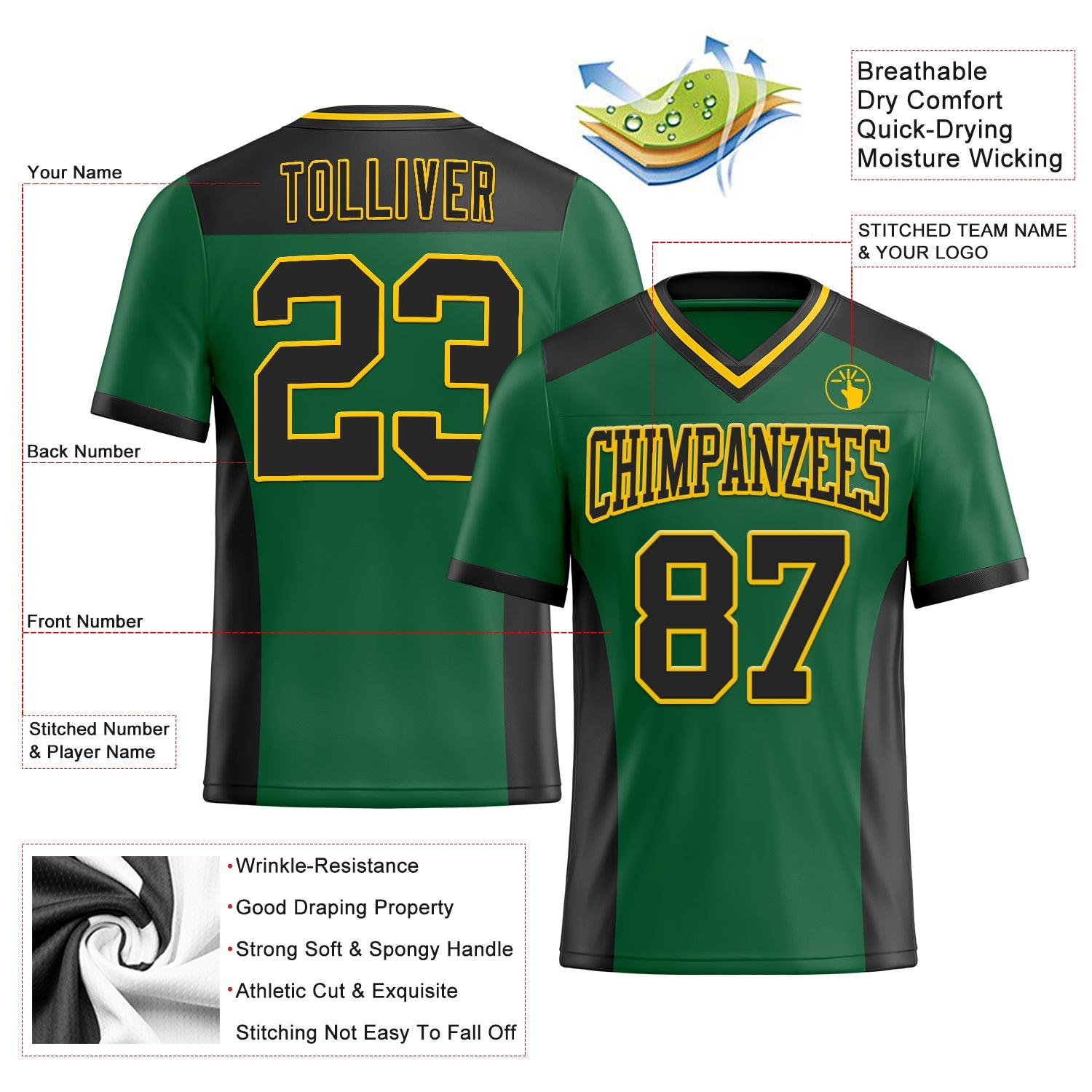 Custom Kelly Green Black-Yellow Authentic Football Jersey view 3