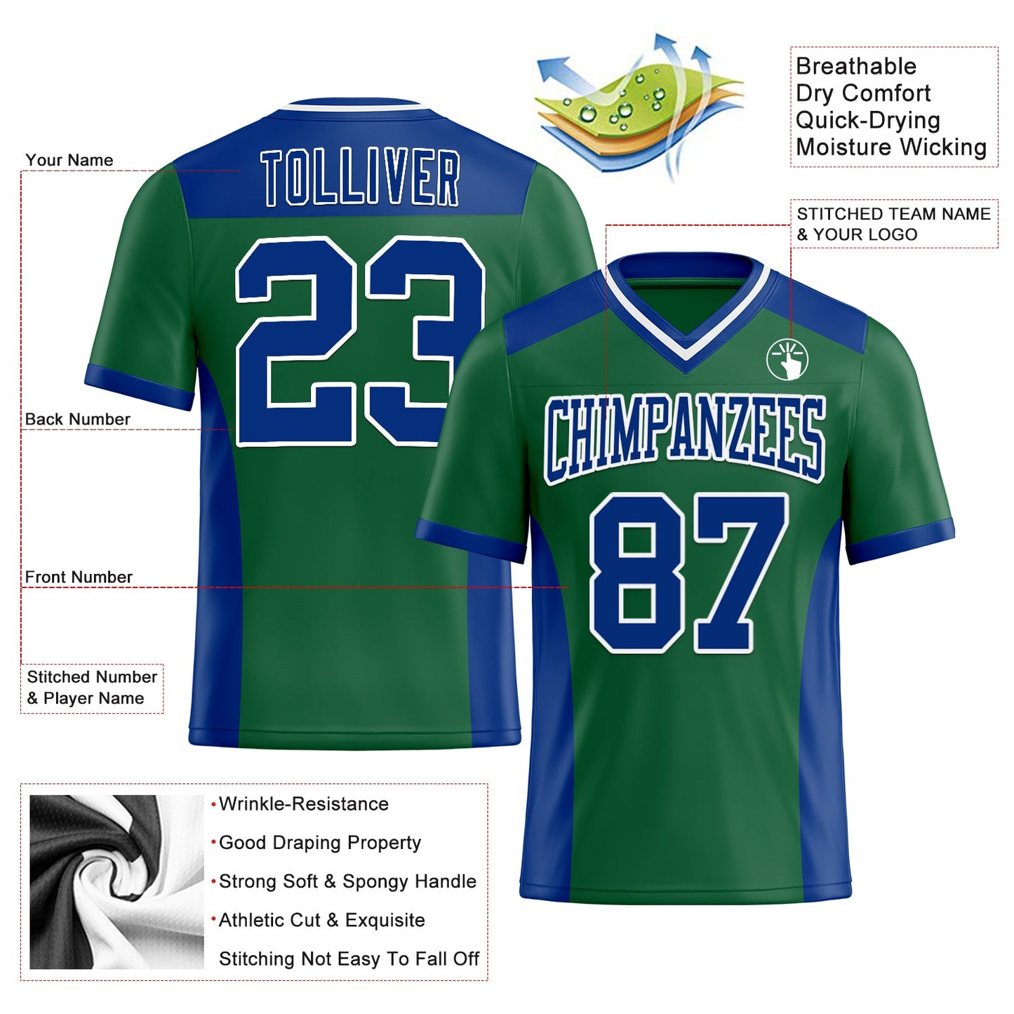 Custom Kelly Green Royal-White Authentic Football Jersey view 3