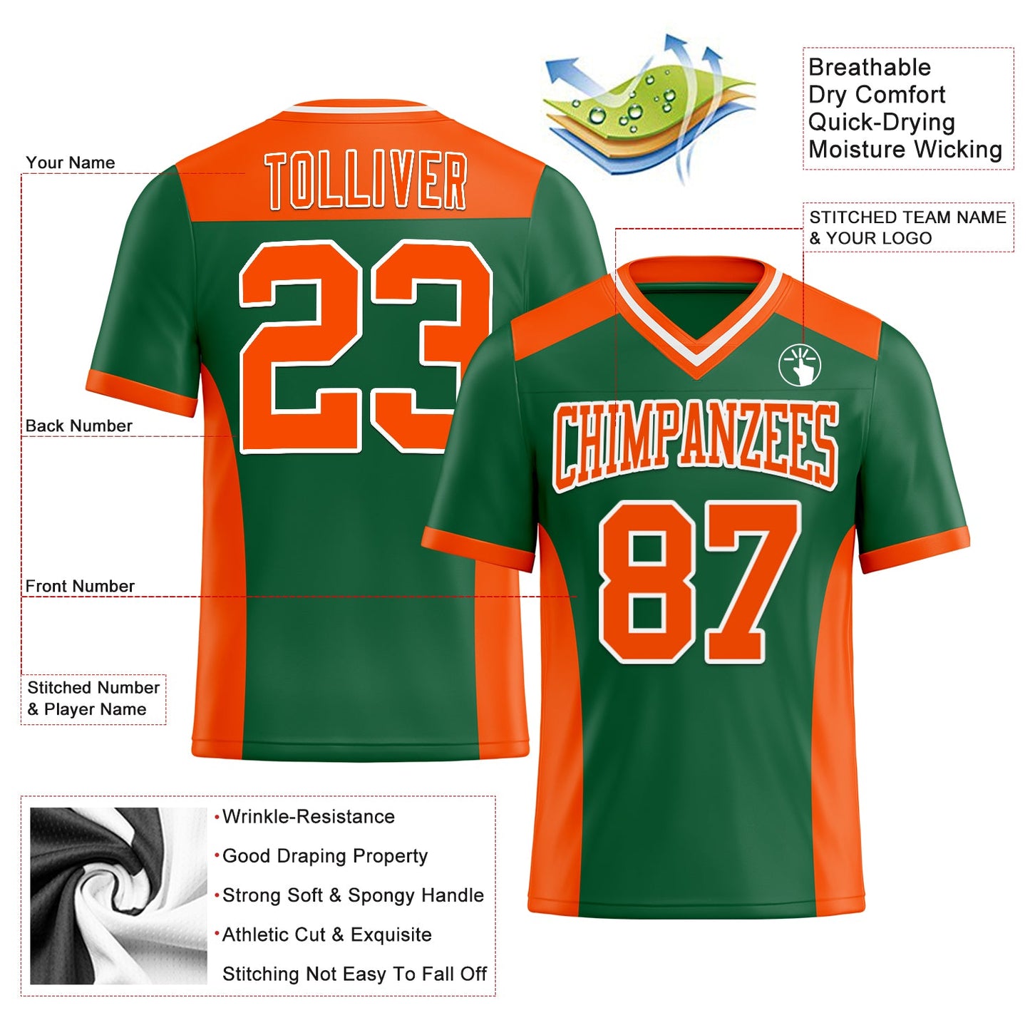 Custom Kelly Green Orange-White Authentic Football Jersey view 3