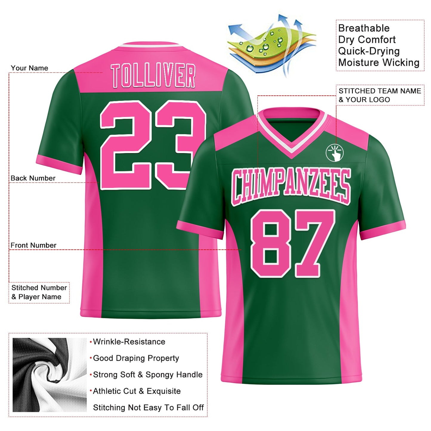 Custom Kelly Green Pink-White Authentic Football Jersey view 3