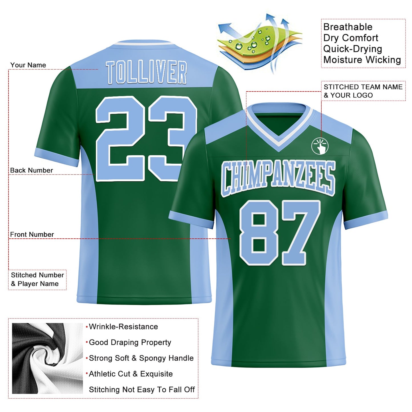 Custom Kelly Green Light Blue-White Authentic Football Jersey view 3