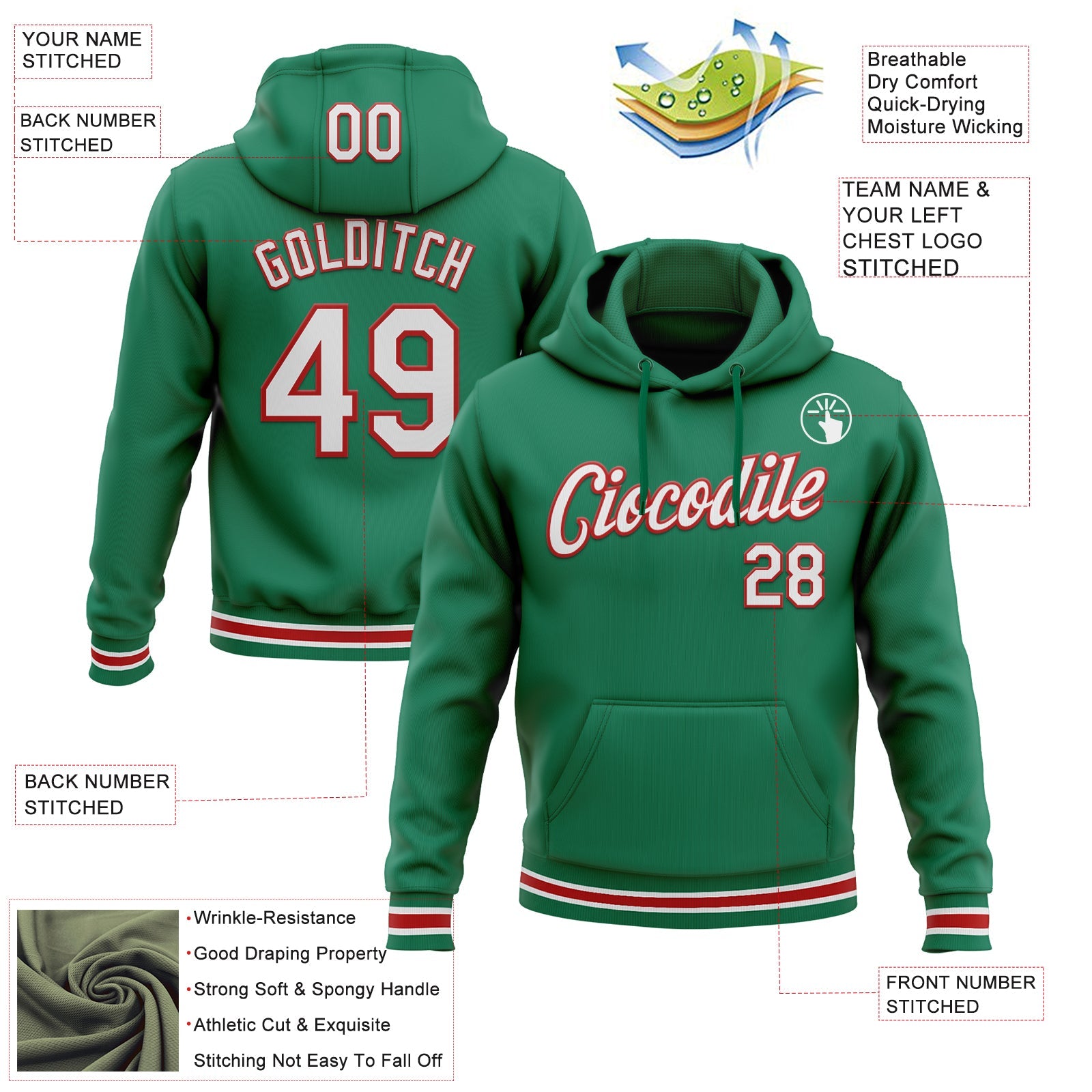 Custom Stitched Kelly Green White-Red Sports Pullover Sweatshirt Hoodie view 3
