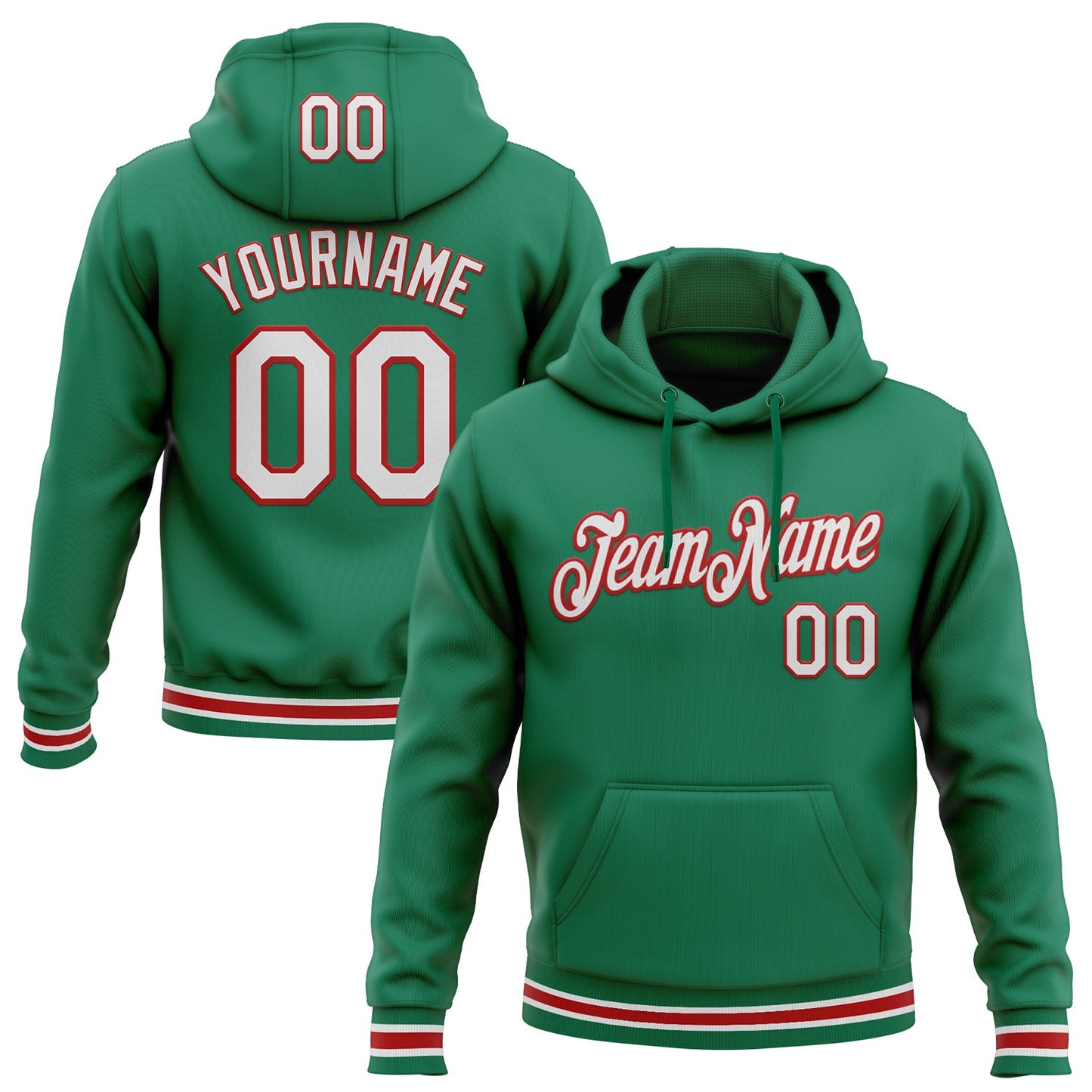 Custom Stitched Kelly Green White-Red Sports Pullover Sweatshirt Hoodie - Main View