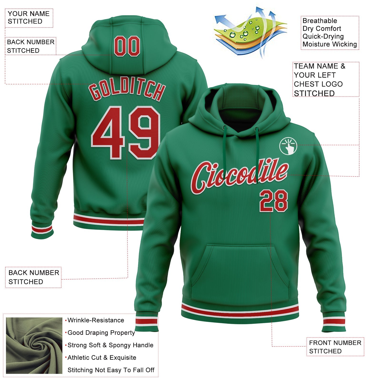 Custom Stitched Kelly Green Red-White Sports Pullover Sweatshirt Hoodie view 3