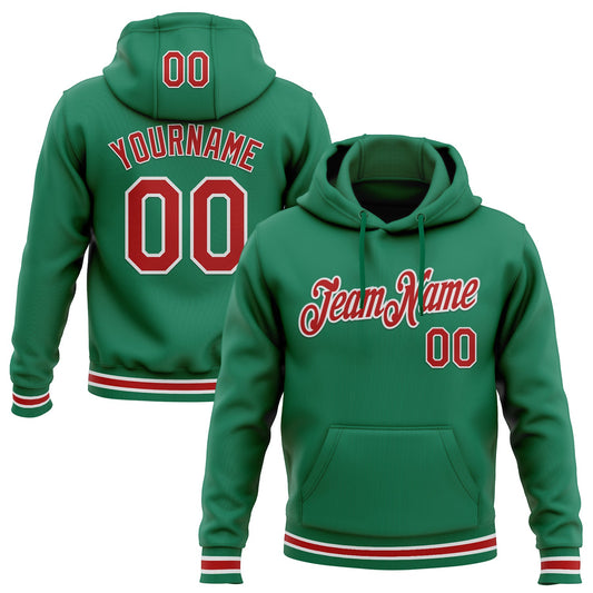 Custom Stitched Kelly Green Red-White Sports Pullover Sweatshirt Hoodie - Main View