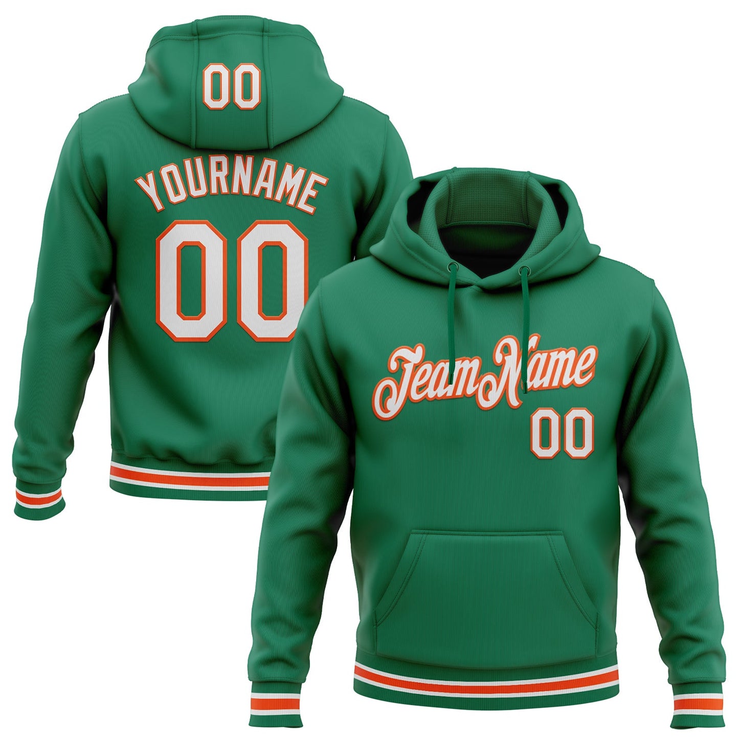 Custom Stitched Kelly Green White-Orange Sports Pullover Sweatshirt Hoodie - Main View