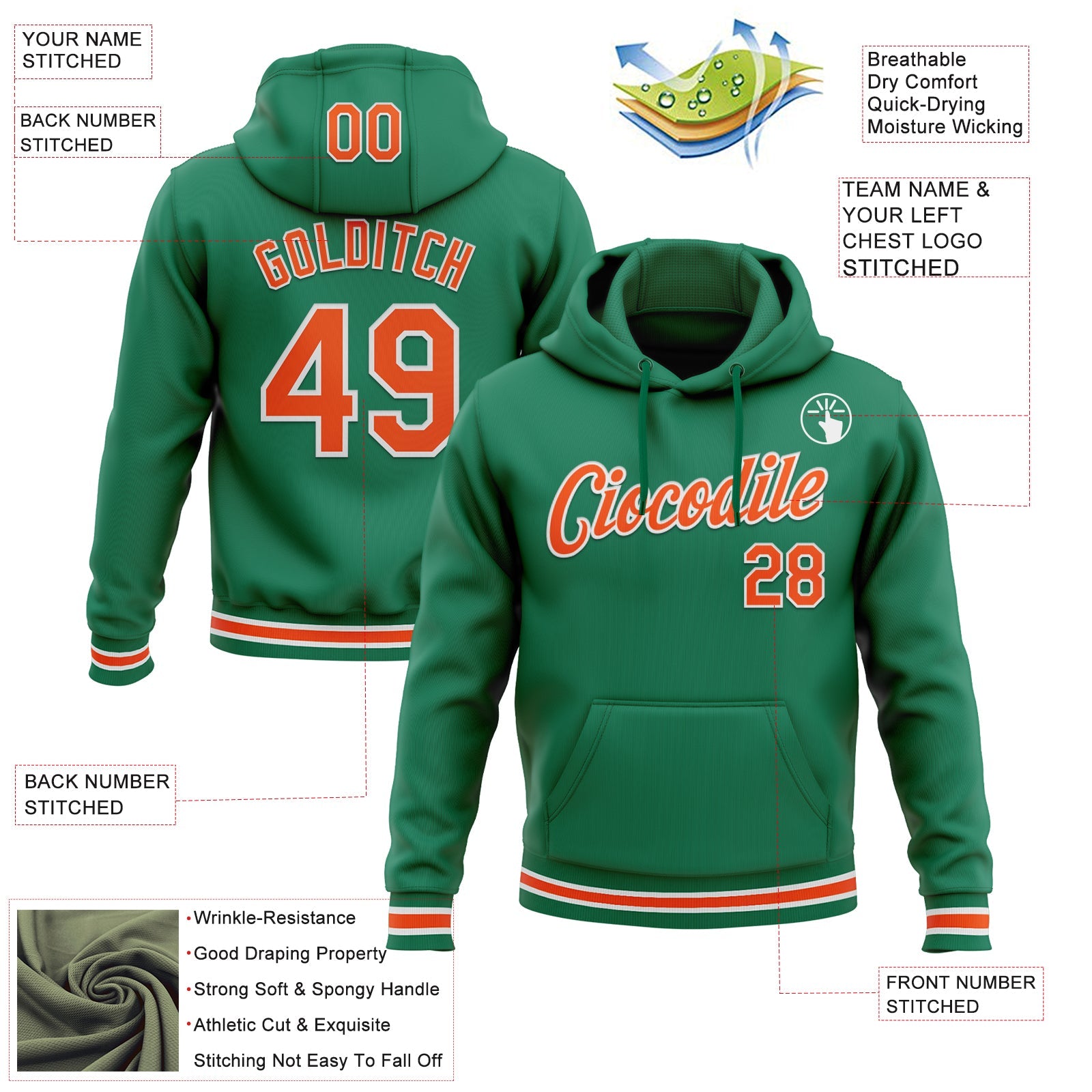 Custom Stitched Kelly Green Orange-White Sports Pullover Sweatshirt Hoodie view 3