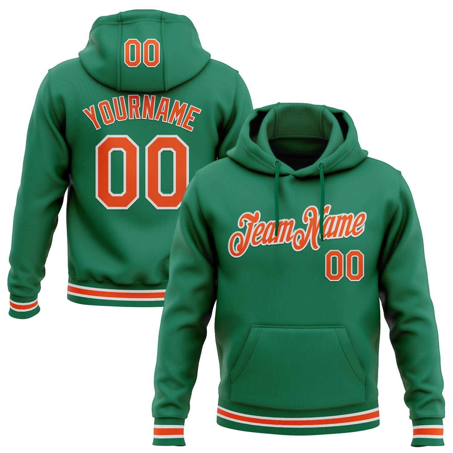 Custom Stitched Kelly Green Orange-White Sports Pullover Sweatshirt Hoodie - Main View