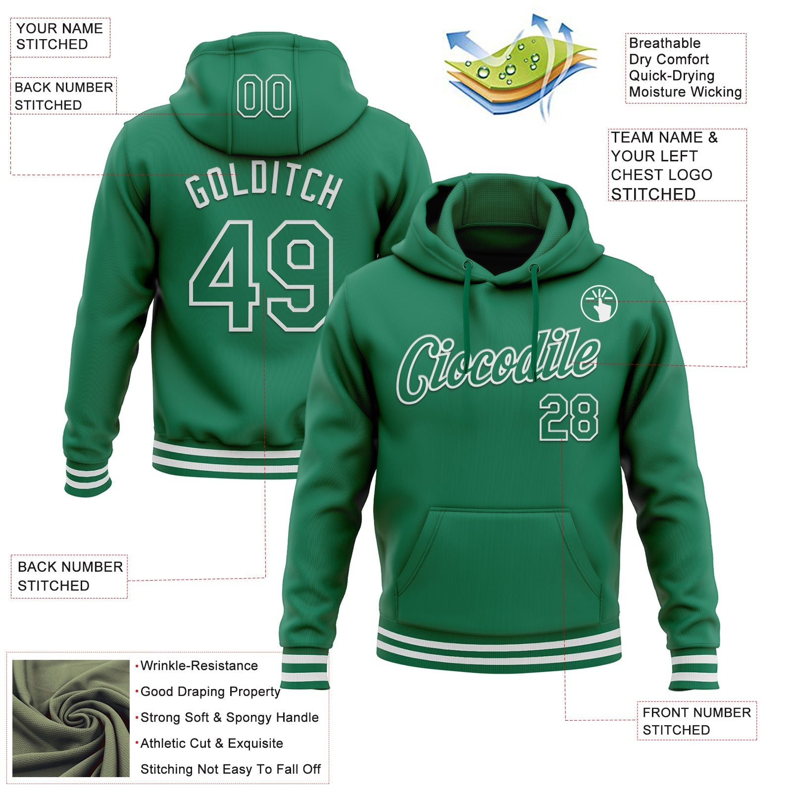 Custom Stitched Kelly Green White Sports Pullover Sweatshirt Hoodie view 3