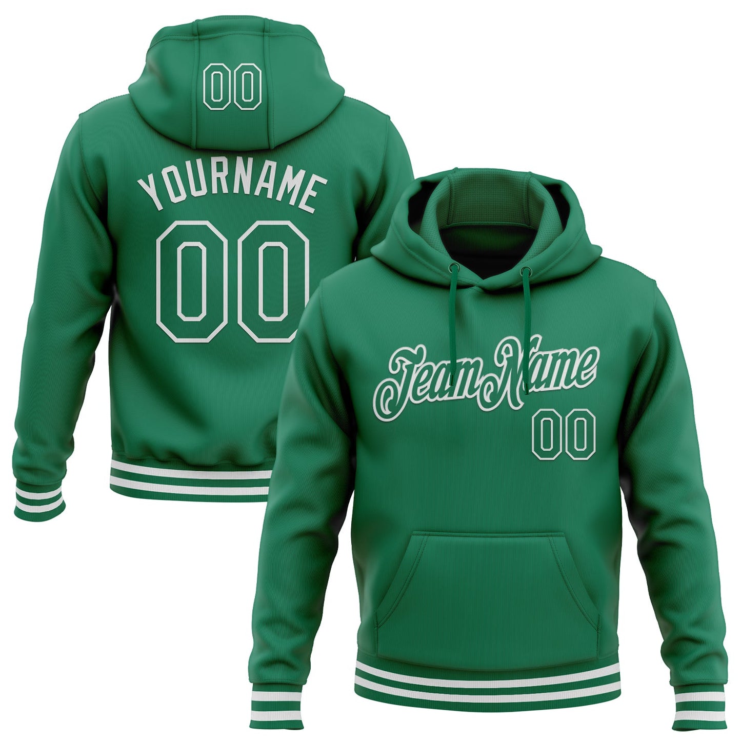 Custom Stitched Kelly Green White Sports Pullover Sweatshirt Hoodie - Main View