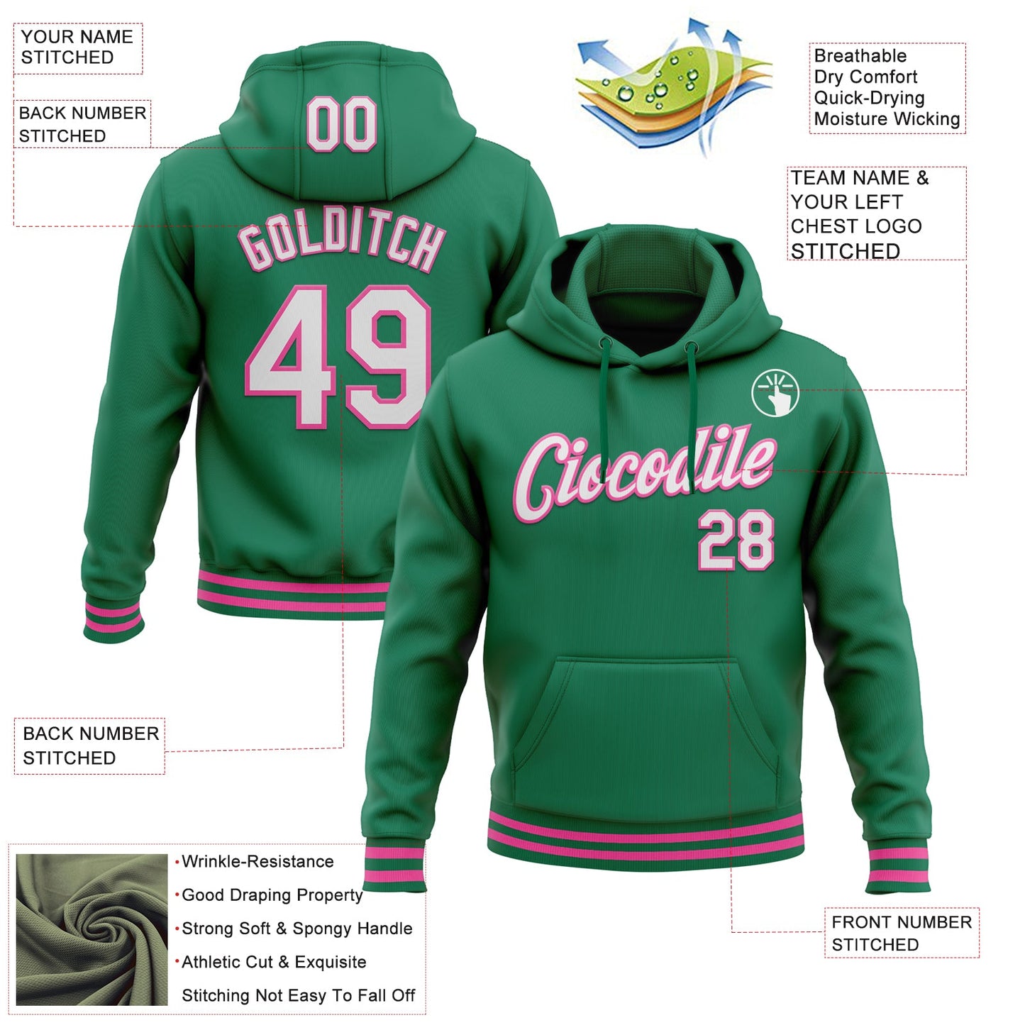 Custom Stitched Kelly Green White-Pink Sports Pullover Sweatshirt Hoodie view 3
