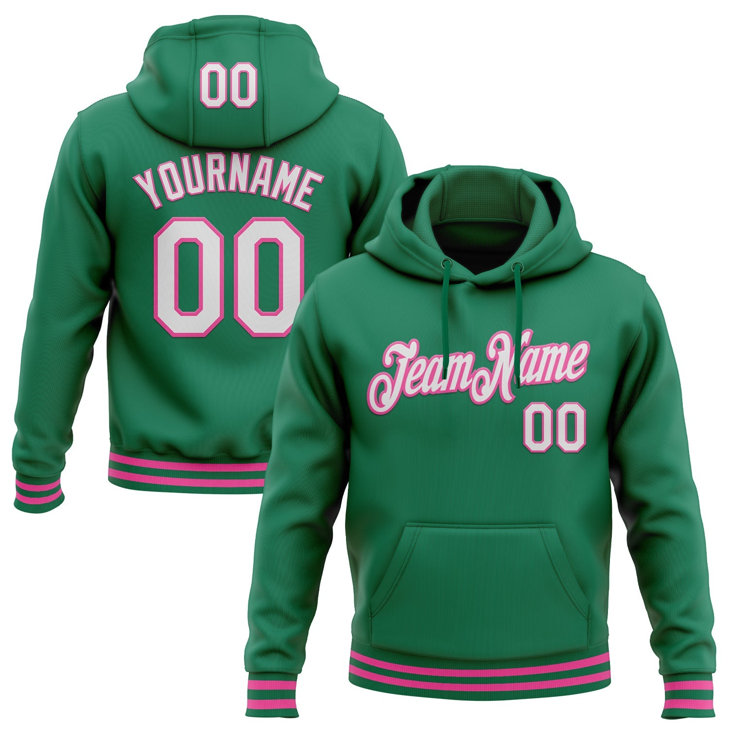Custom Stitched Kelly Green White-Pink Sports Pullover Sweatshirt Hoodie - Main View
