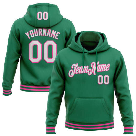 Custom Stitched Kelly Green White-Pink Sports Pullover Sweatshirt Hoodie - Main View