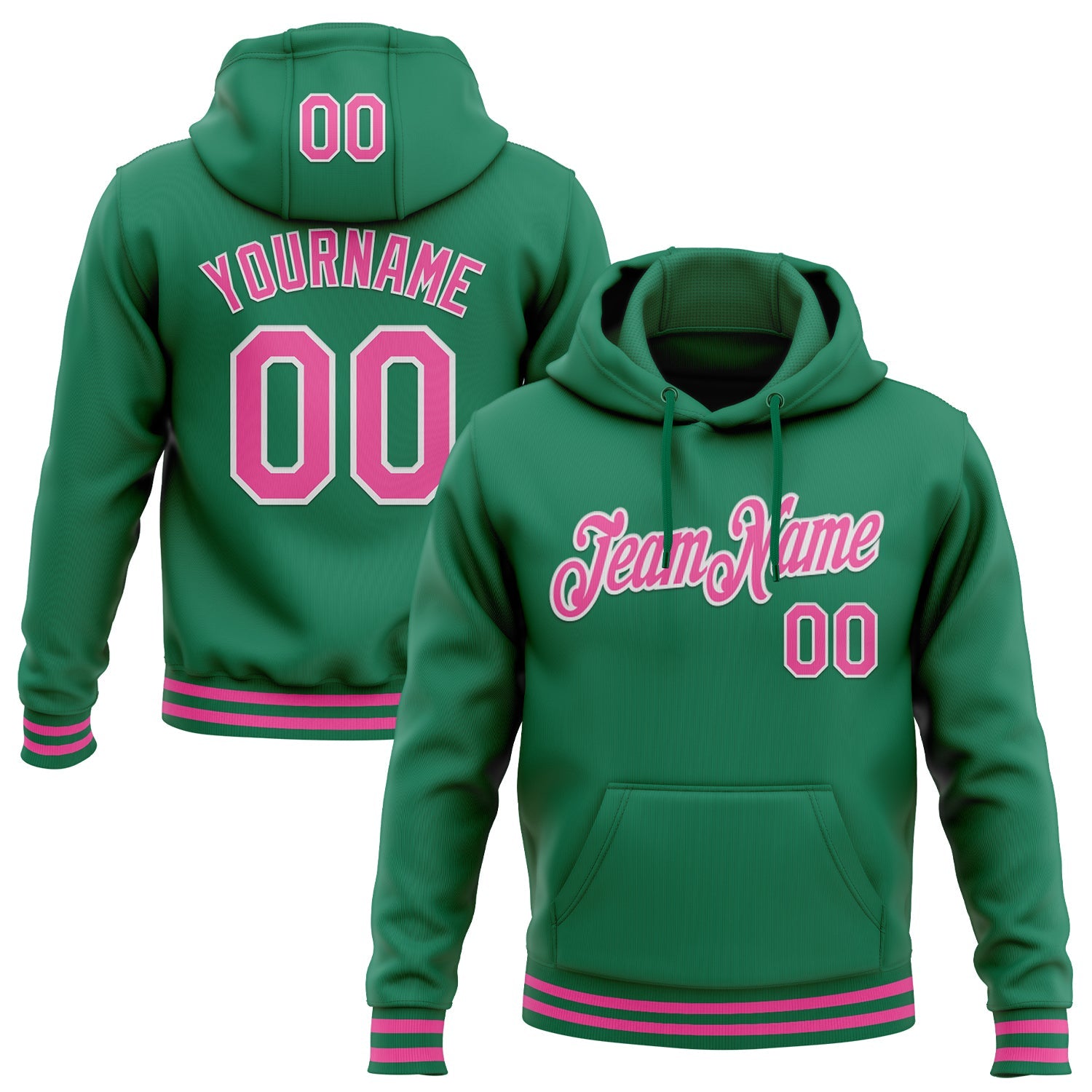 Custom Stitched Kelly Green Pink-White Sports Pullover Sweatshirt Hoodie - Main View
