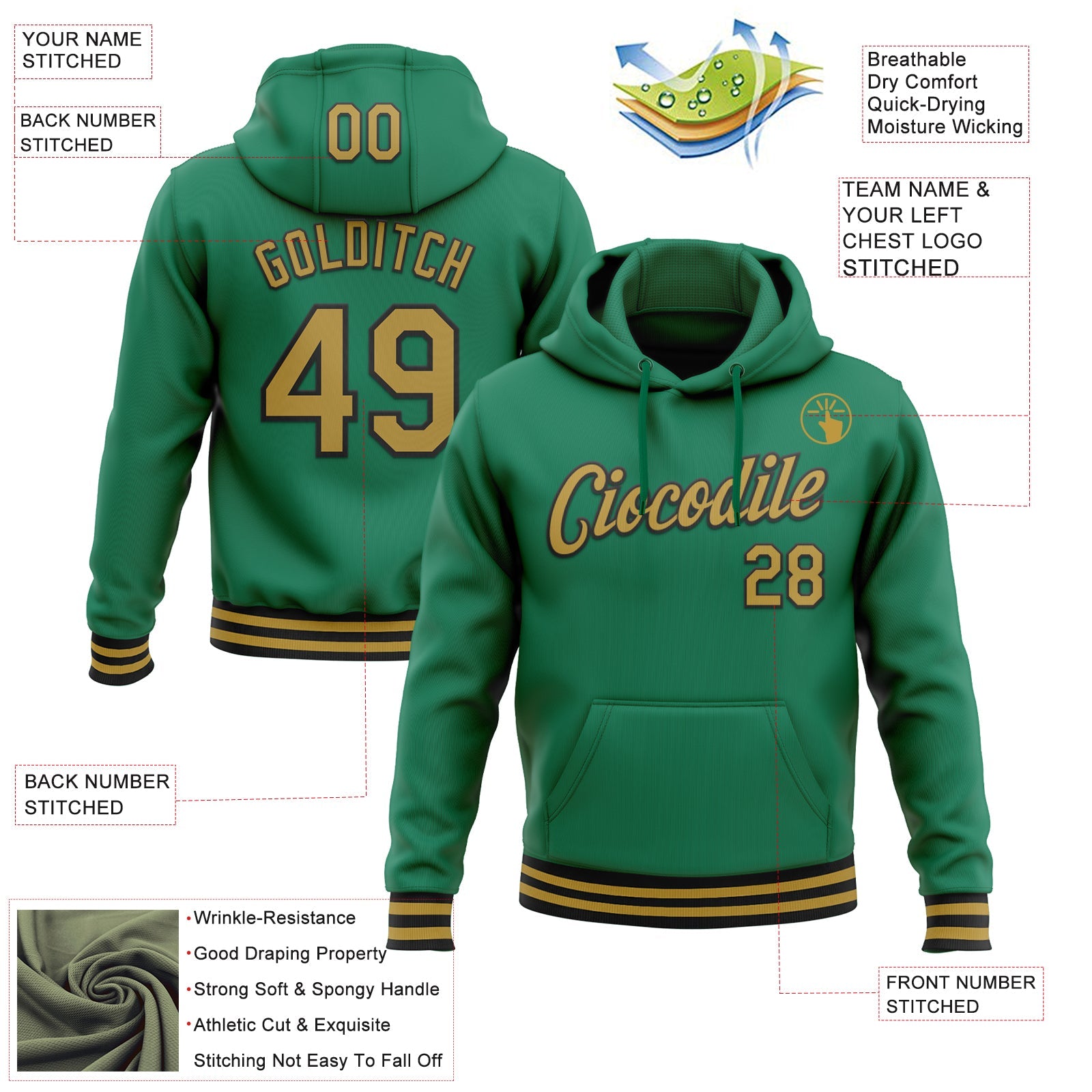 Custom Stitched Kelly Green Old Gold-Black Sports Pullover Sweatshirt Hoodie view 3