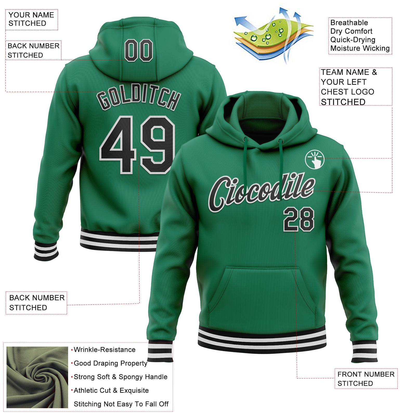 Custom Stitched Kelly Green Black-White Sports Pullover Sweatshirt Hoodie view 3