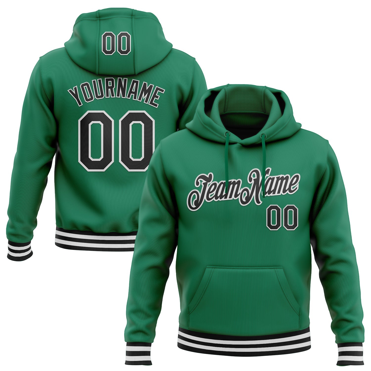 Custom Stitched Kelly Green Black-White Sports Pullover Sweatshirt Hoodie - Main View
