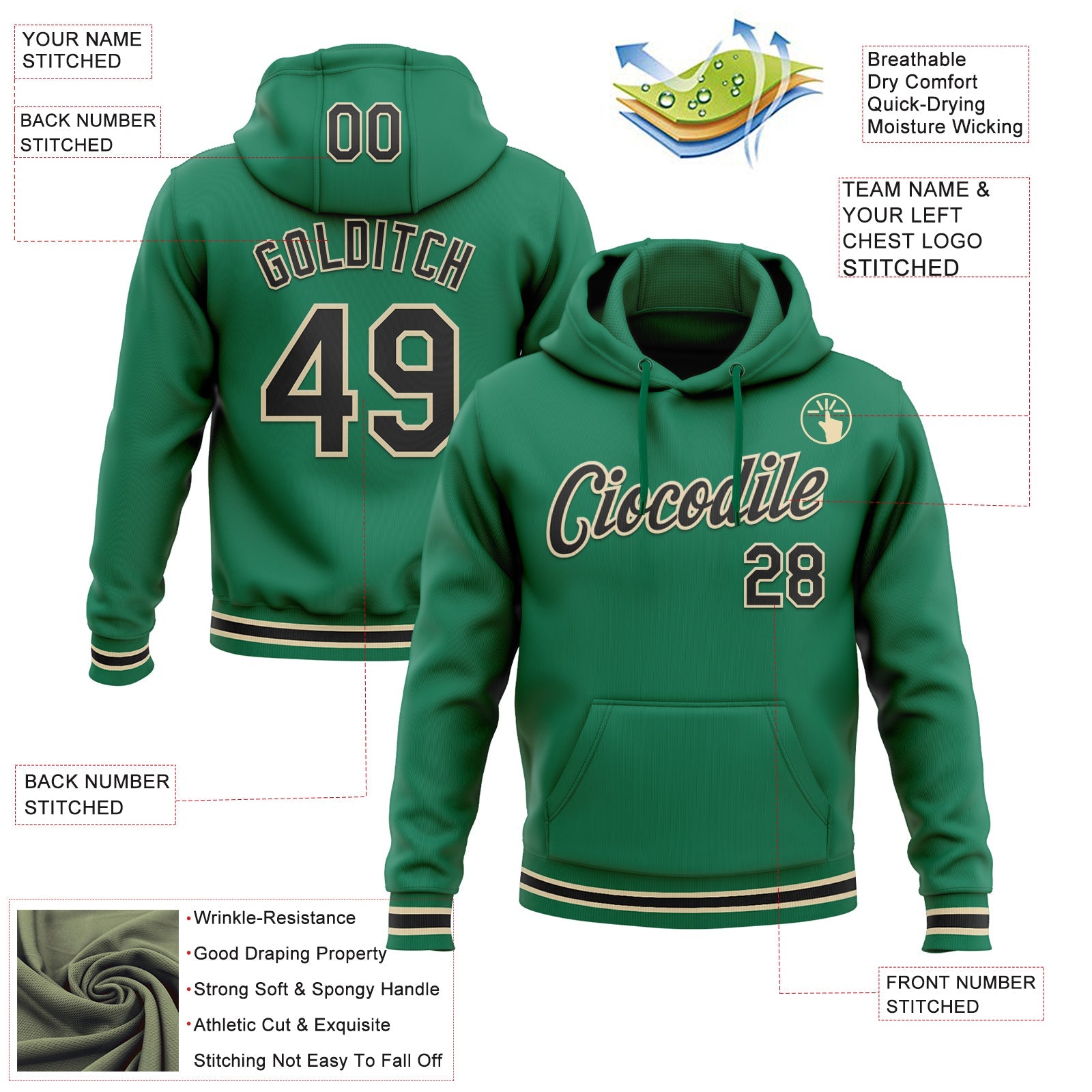 Custom Stitched Kelly Green Black-Cream Sports Pullover Sweatshirt Hoodie view 3