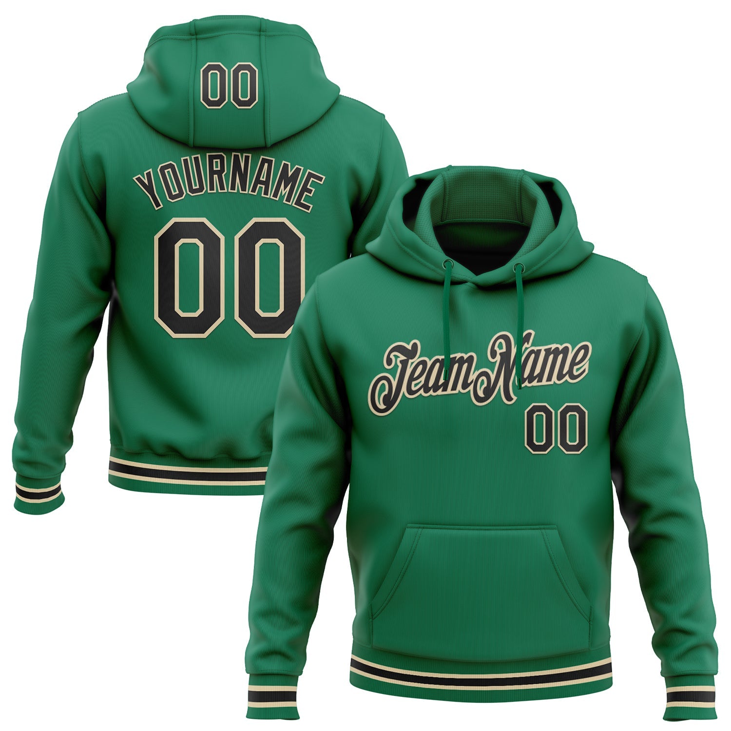 Custom Stitched Kelly Green Black-Cream Sports Pullover Sweatshirt Hoodie - Main View
