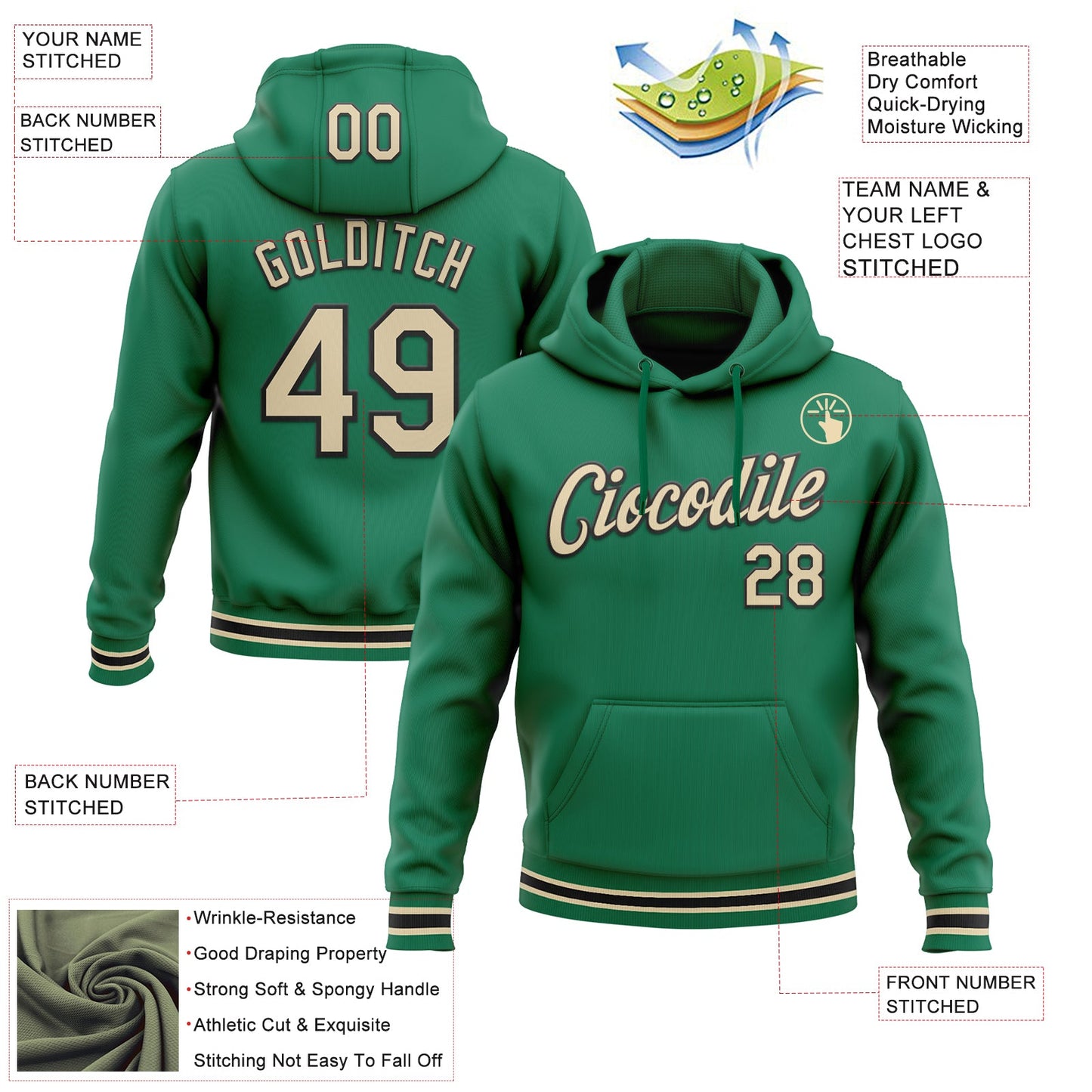 Custom Stitched Kelly Green Cream-Black Sports Pullover Sweatshirt Hoodie view 3