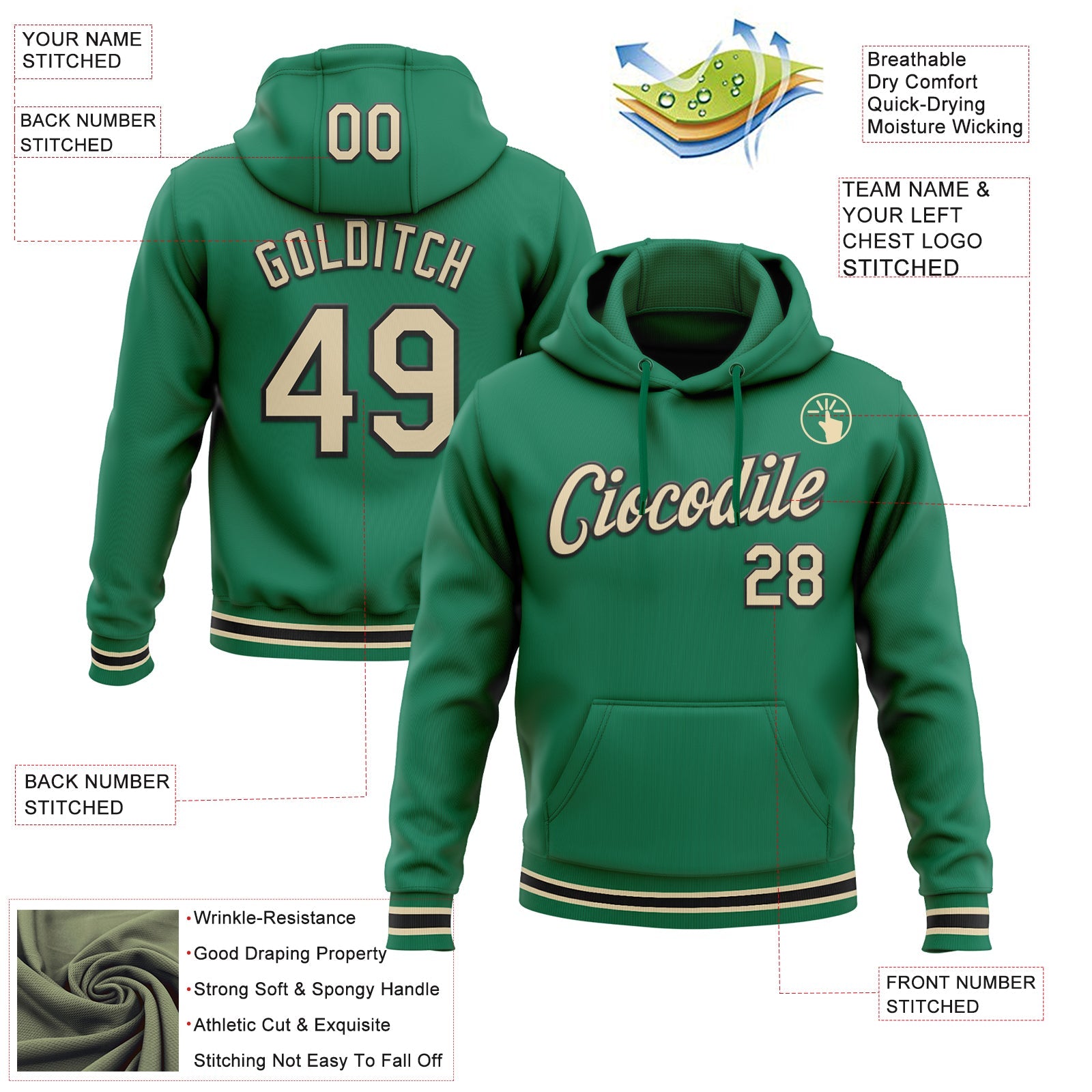 Custom Stitched Kelly Green Cream-Black Sports Pullover Sweatshirt Hoodie view 3