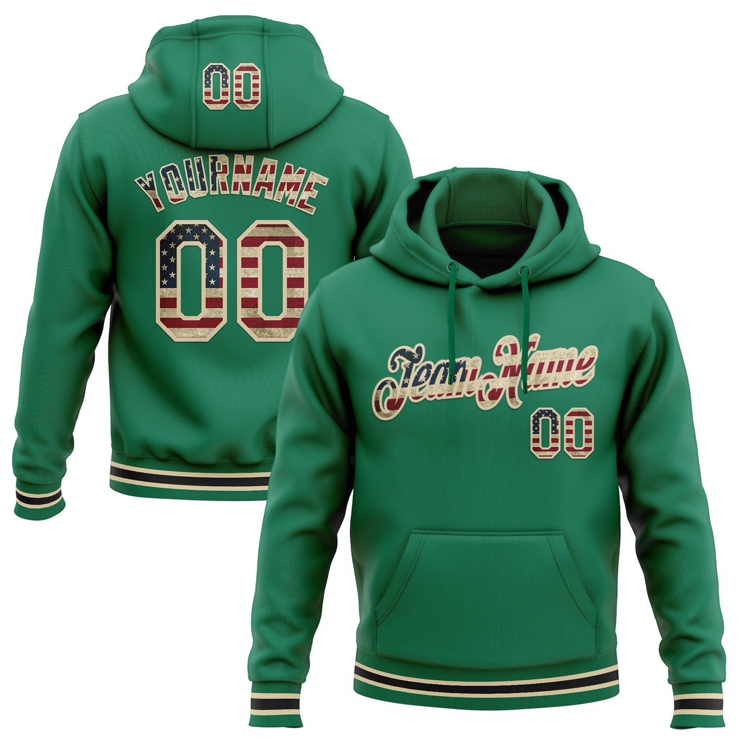 Custom Stitched Kelly Green Vintage USA Flag-Cream Sports Pullover Sweatshirt Hoodie - Main View