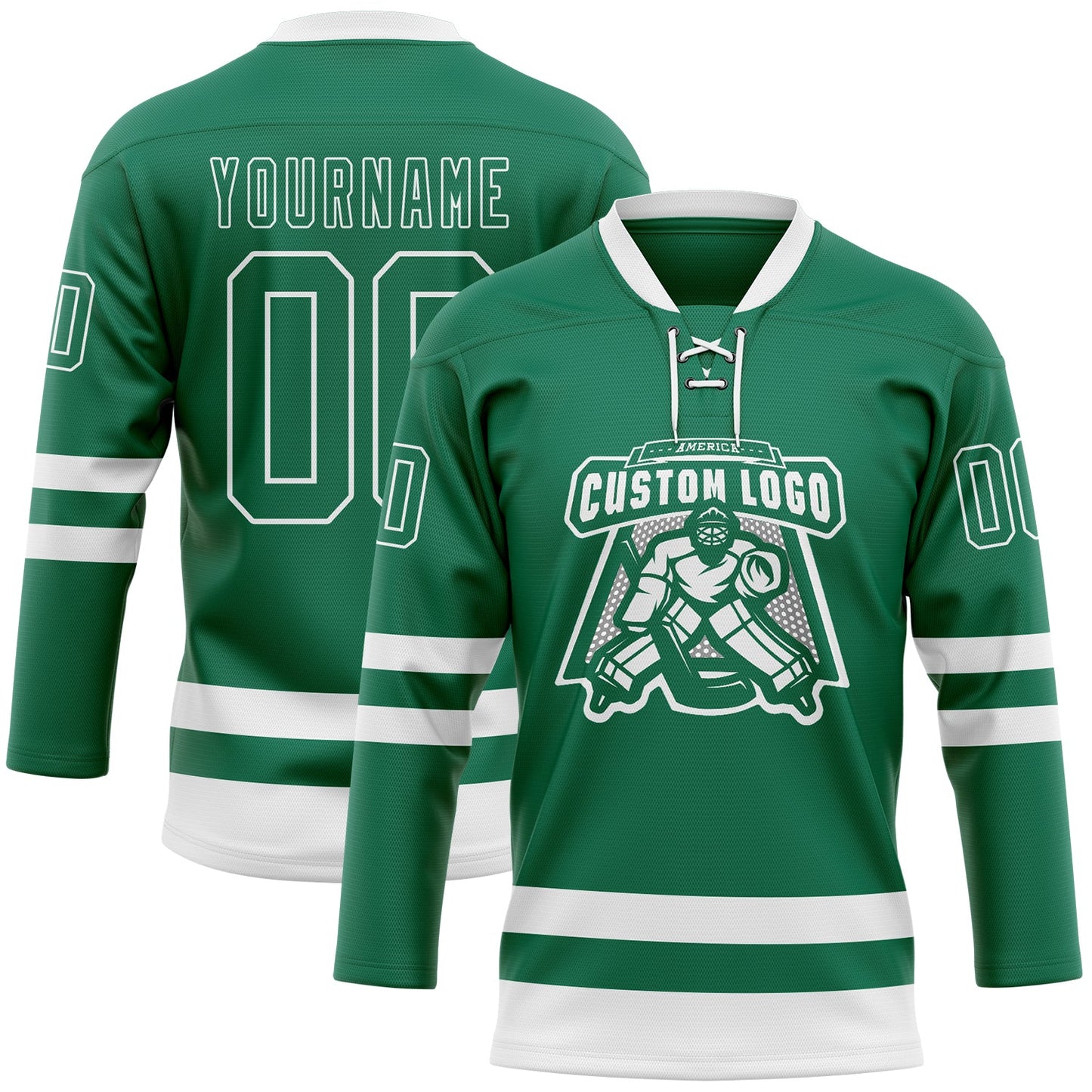 Custom Kelly Green White Hockey Lace Neck Jersey view 2