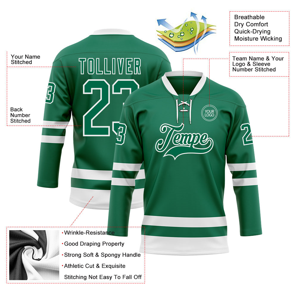 Custom Kelly Green White Hockey Lace Neck Jersey view 3