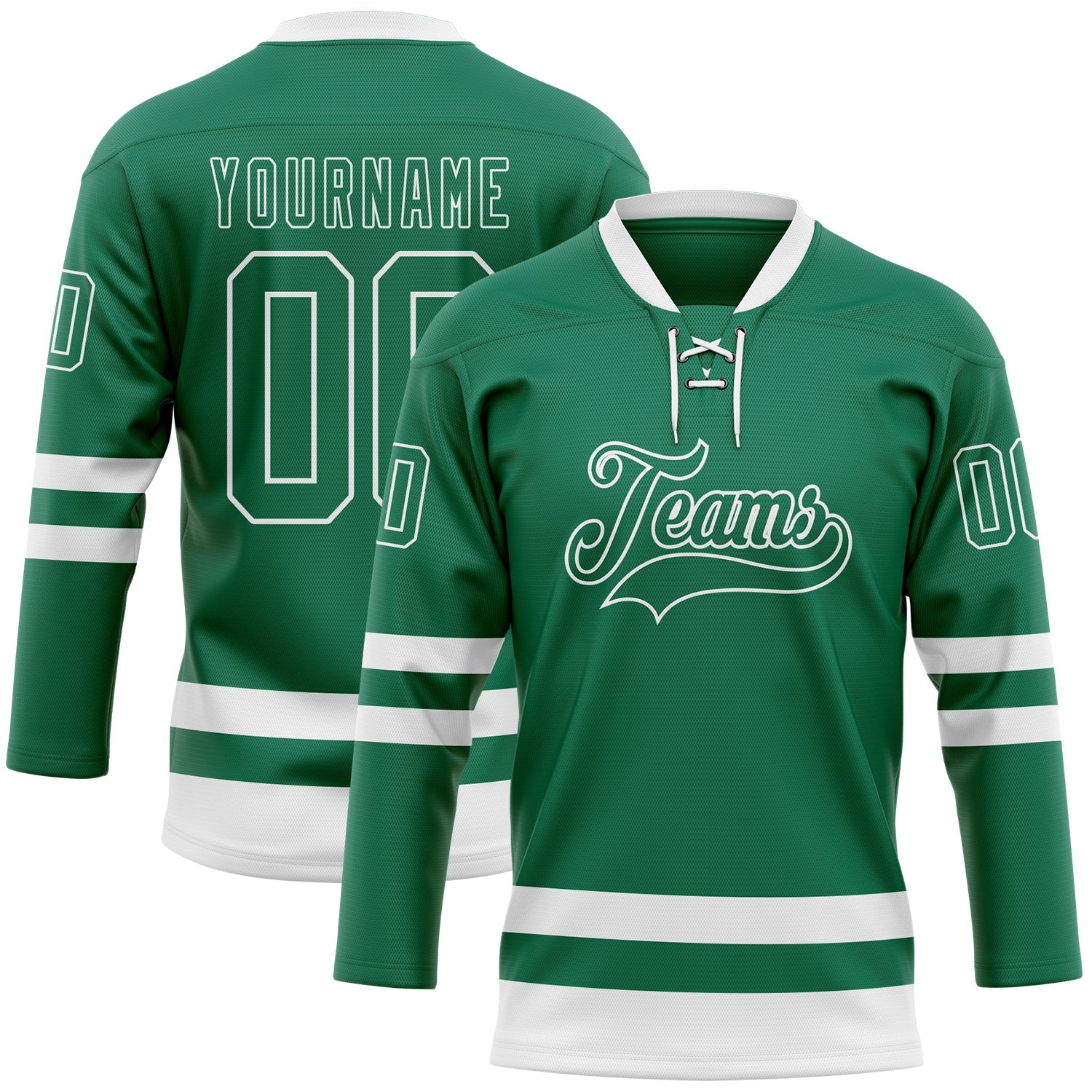Custom Kelly Green White Hockey Lace Neck Jersey - Main View