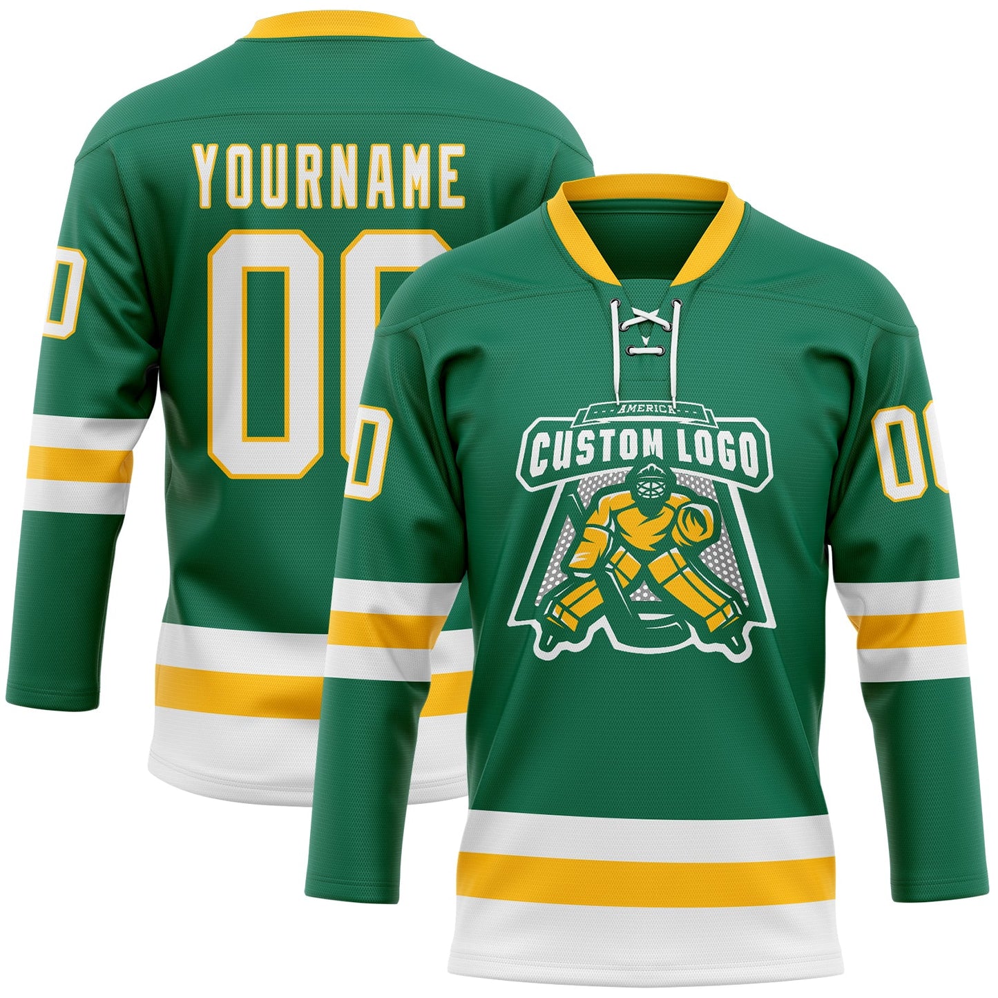 Custom Kelly Green White-Gold Hockey Lace Neck Jersey view 2