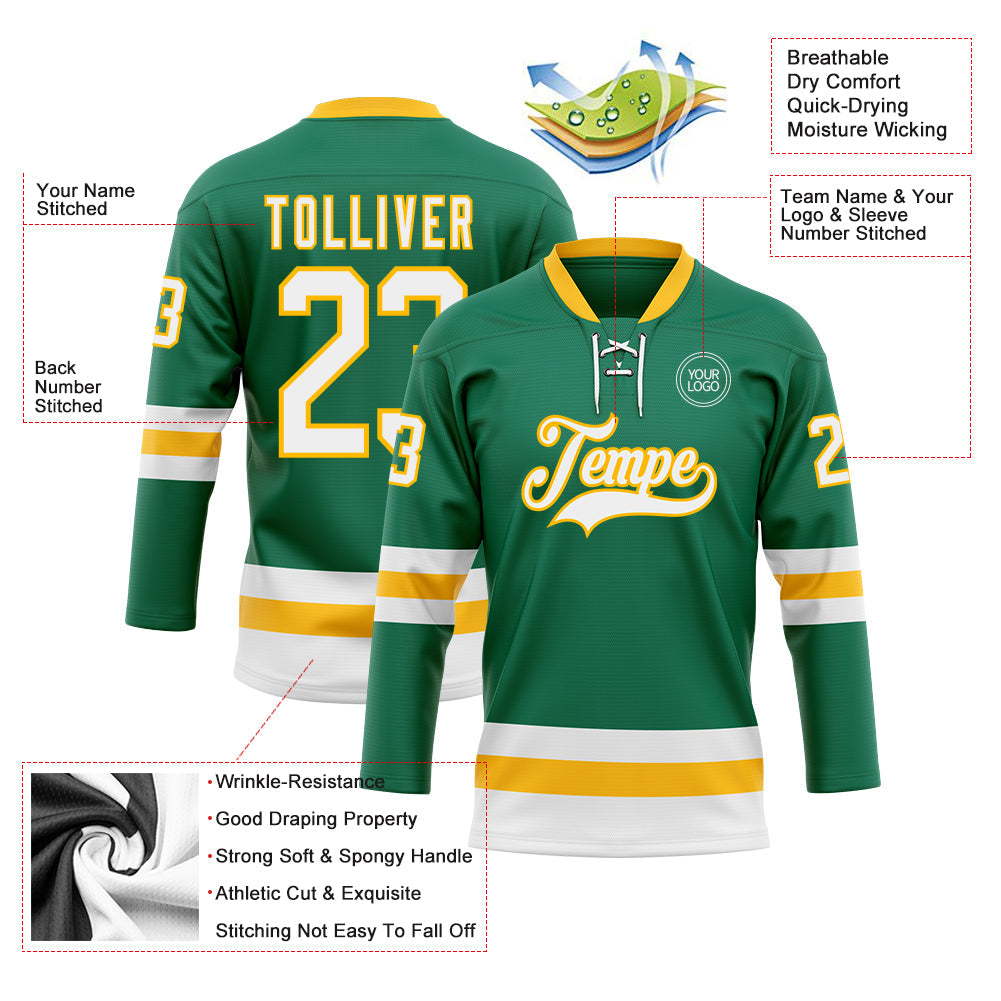 Custom Kelly Green White-Gold Hockey Lace Neck Jersey view 3