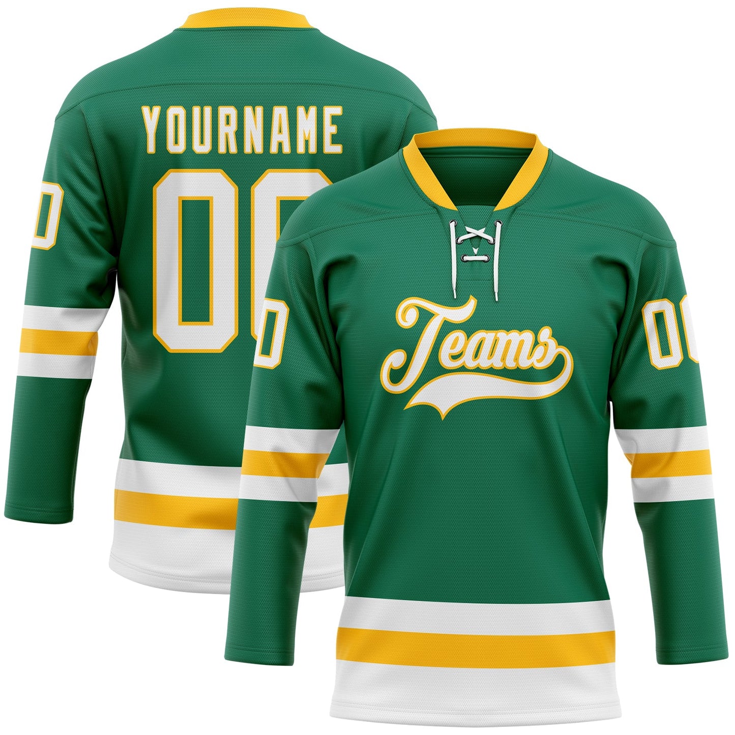 Custom Kelly Green White-Gold Hockey Lace Neck Jersey - Main View