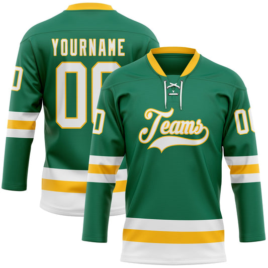 Custom Kelly Green White-Gold Hockey Lace Neck Jersey - Main View