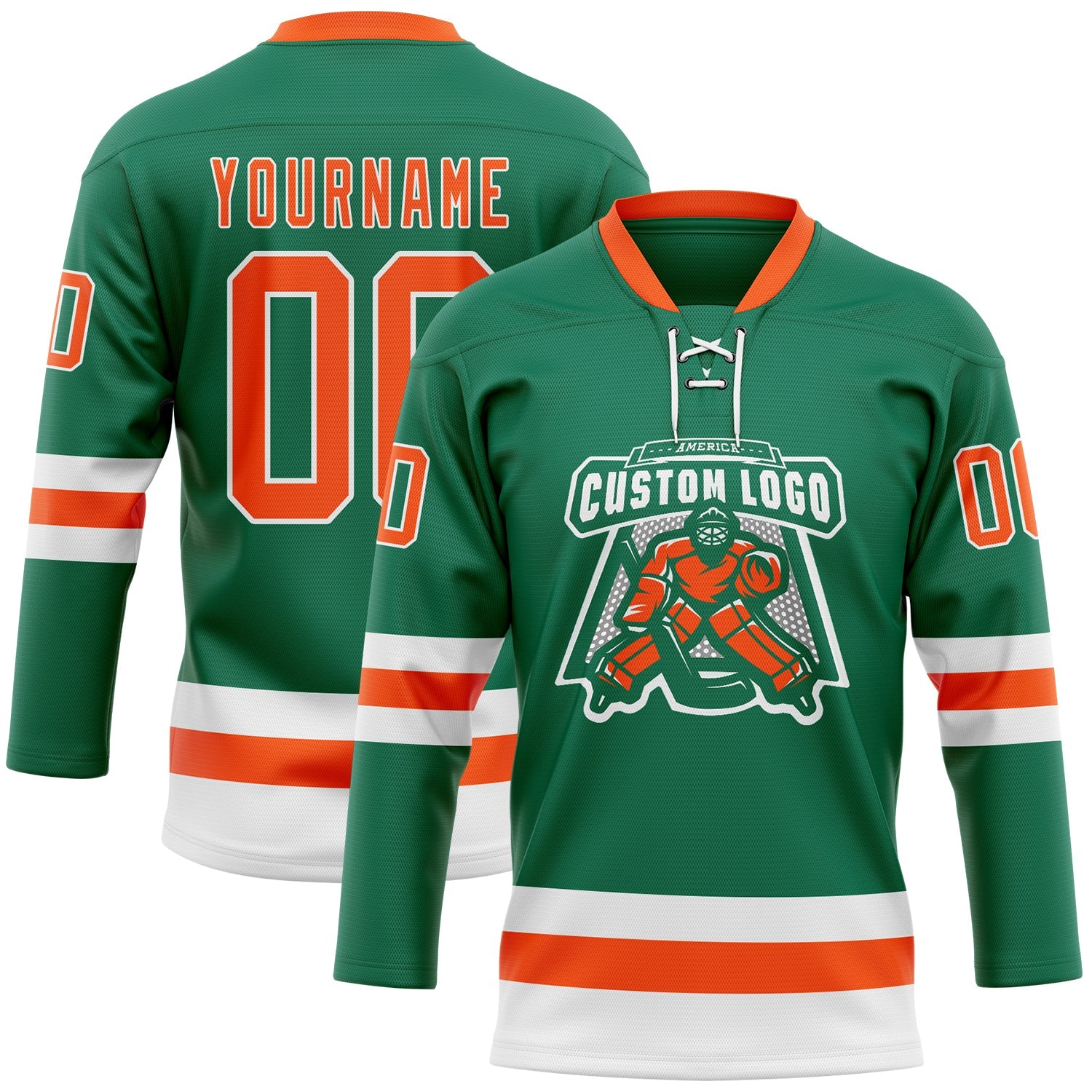 Custom Kelly Green Orange-White Hockey Lace Neck Jersey view 2