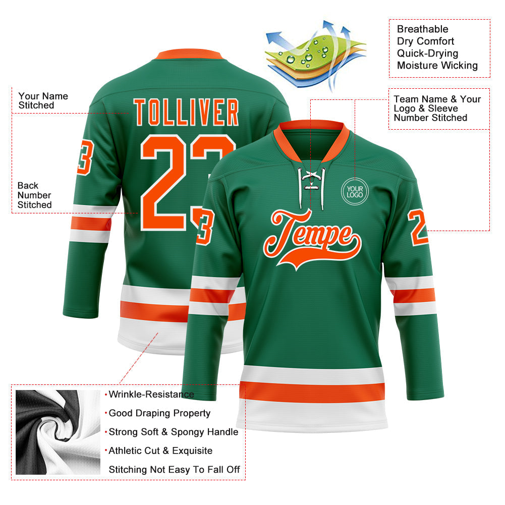 Custom Kelly Green Orange-White Hockey Lace Neck Jersey view 3
