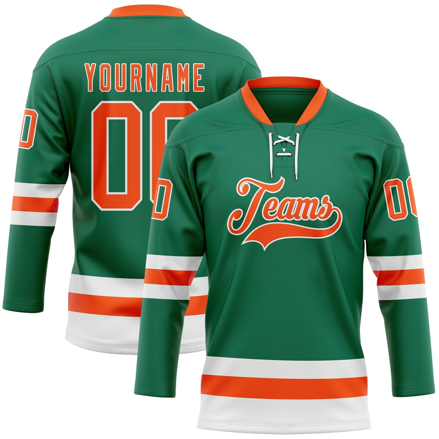 Custom Kelly Green Orange-White Hockey Lace Neck Jersey - Main View