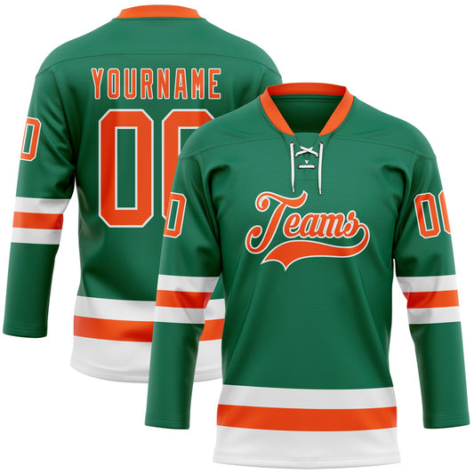 Custom Kelly Green Orange-White Hockey Lace Neck Jersey - Main View